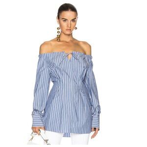 Tibi Garcon Stripe Shirred Tie Cinch Waist Off Shoulder Top 6